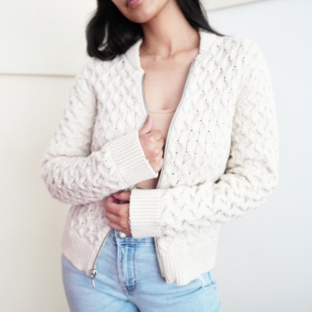3/$15 Wool Cream Heavy Knit Zip Up Bomber Jacket